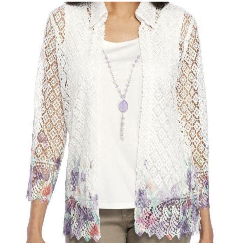 NWT Alfred Dunner Open Knit Floral Border Crochet Cardigan & Tank Set‎ Womens L